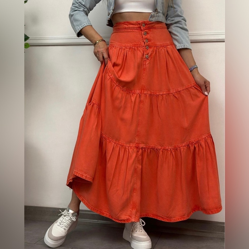 NWT FREE PEOPLE We The Free Dreamweaver Maxi Skirt In Orange MSRP $168 Size M